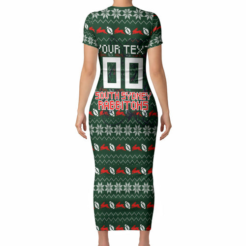 Personalized South Sydney Rabbitohs Christmas Short Sleeve Bodycon Dress Australian Rugby Fans - Pixelated Ugly Xmas Pattern Mascot Santa