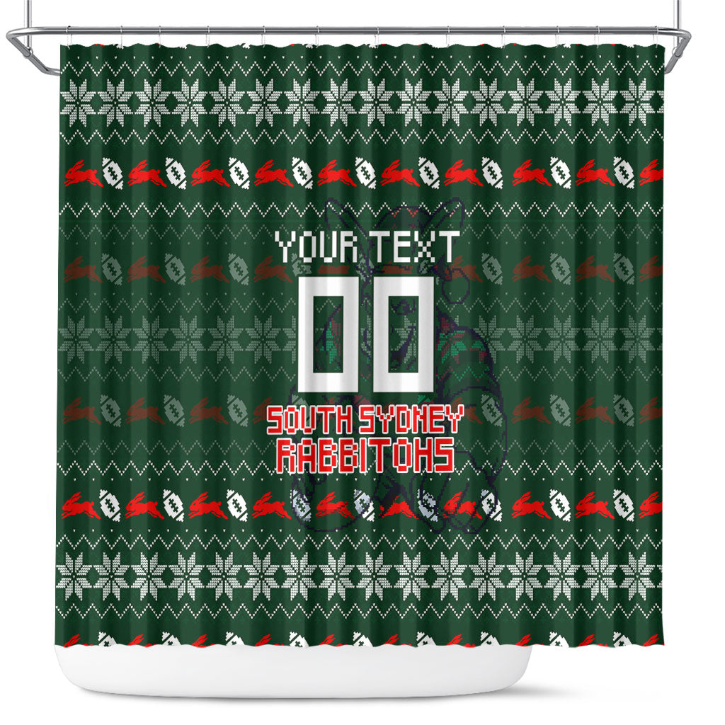 Personalized South Sydney Rabbitohs Christmas Shower Curtain Australian Rugby Fans - Pixelated Ugly Xmas Pattern Mascot Santa