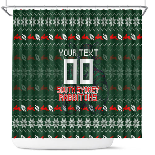 Personalized South Sydney Rabbitohs Christmas Shower Curtain Australian Rugby Fans - Pixelated Ugly Xmas Pattern Mascot Santa