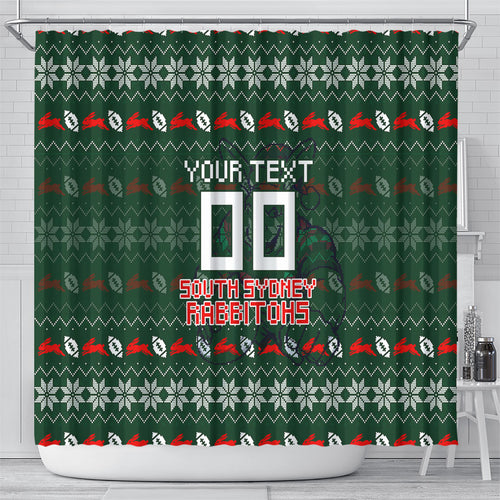 Personalized South Sydney Rabbitohs Christmas Shower Curtain Australian Rugby Fans - Pixelated Ugly Xmas Pattern Mascot Santa