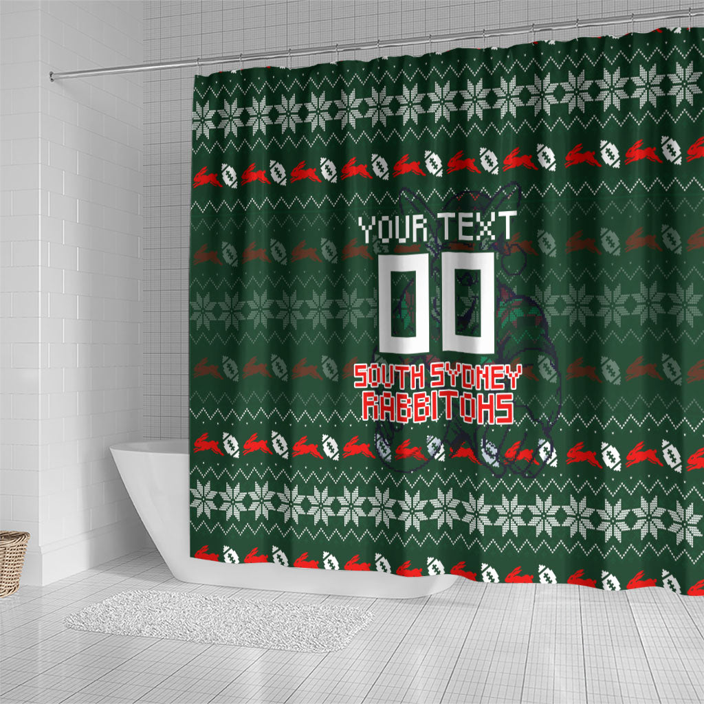 Personalized South Sydney Rabbitohs Christmas Shower Curtain Australian Rugby Fans - Pixelated Ugly Xmas Pattern Mascot Santa