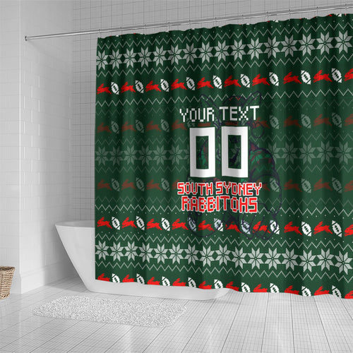 Personalized South Sydney Rabbitohs Christmas Shower Curtain Australian Rugby Fans - Pixelated Ugly Xmas Pattern Mascot Santa