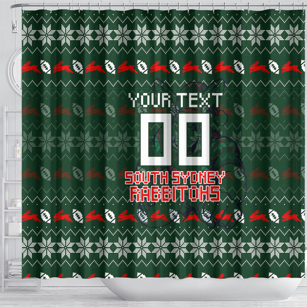 Personalized South Sydney Rabbitohs Christmas Shower Curtain Australian Rugby Fans - Pixelated Ugly Xmas Pattern Mascot Santa
