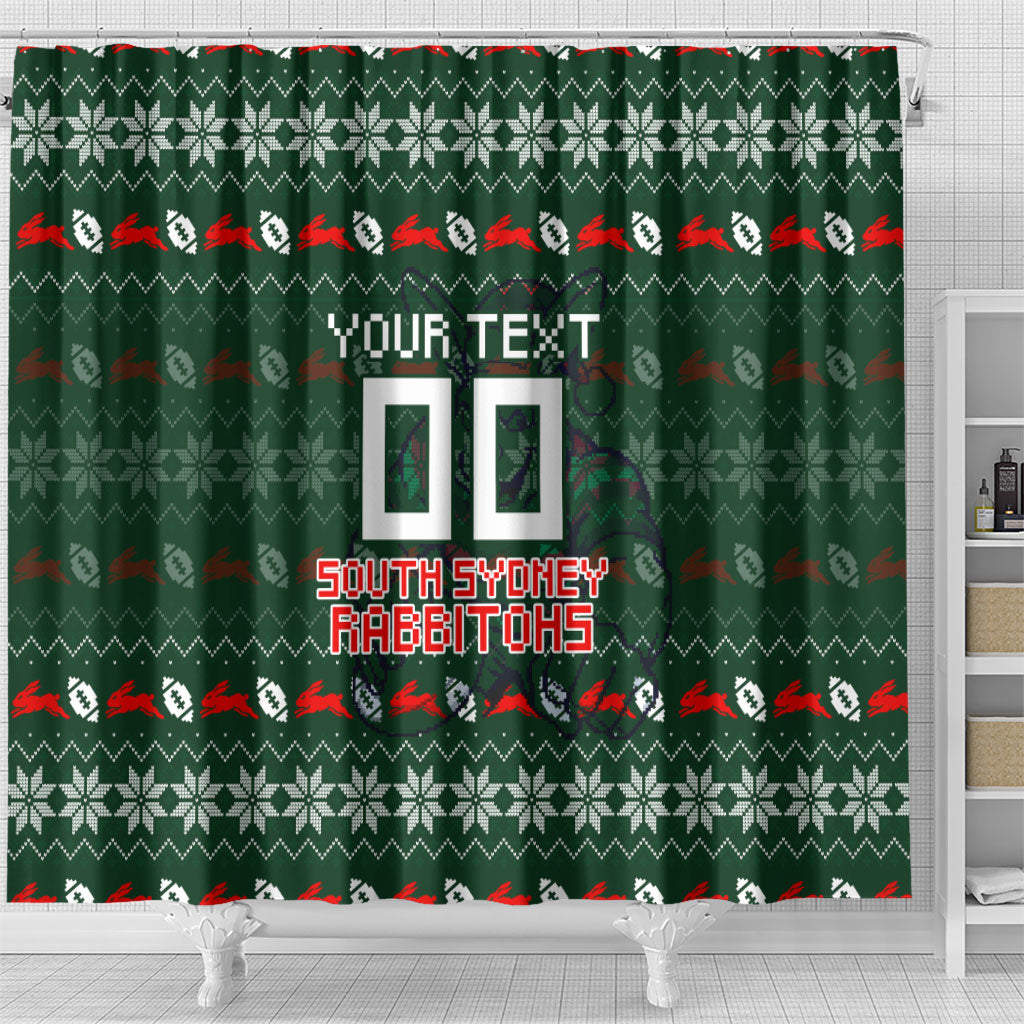 Personalized South Sydney Rabbitohs Christmas Shower Curtain Australian Rugby Fans - Pixelated Ugly Xmas Pattern Mascot Santa