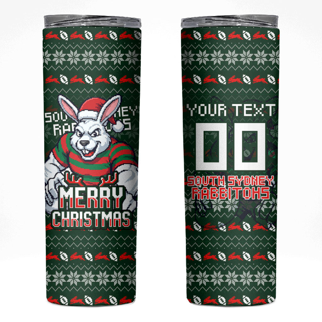 Personalized South Sydney Rabbitohs Christmas Skinny Tumbler Australian Rugby Fans - Pixelated Ugly Xmas Pattern Mascot Santa
