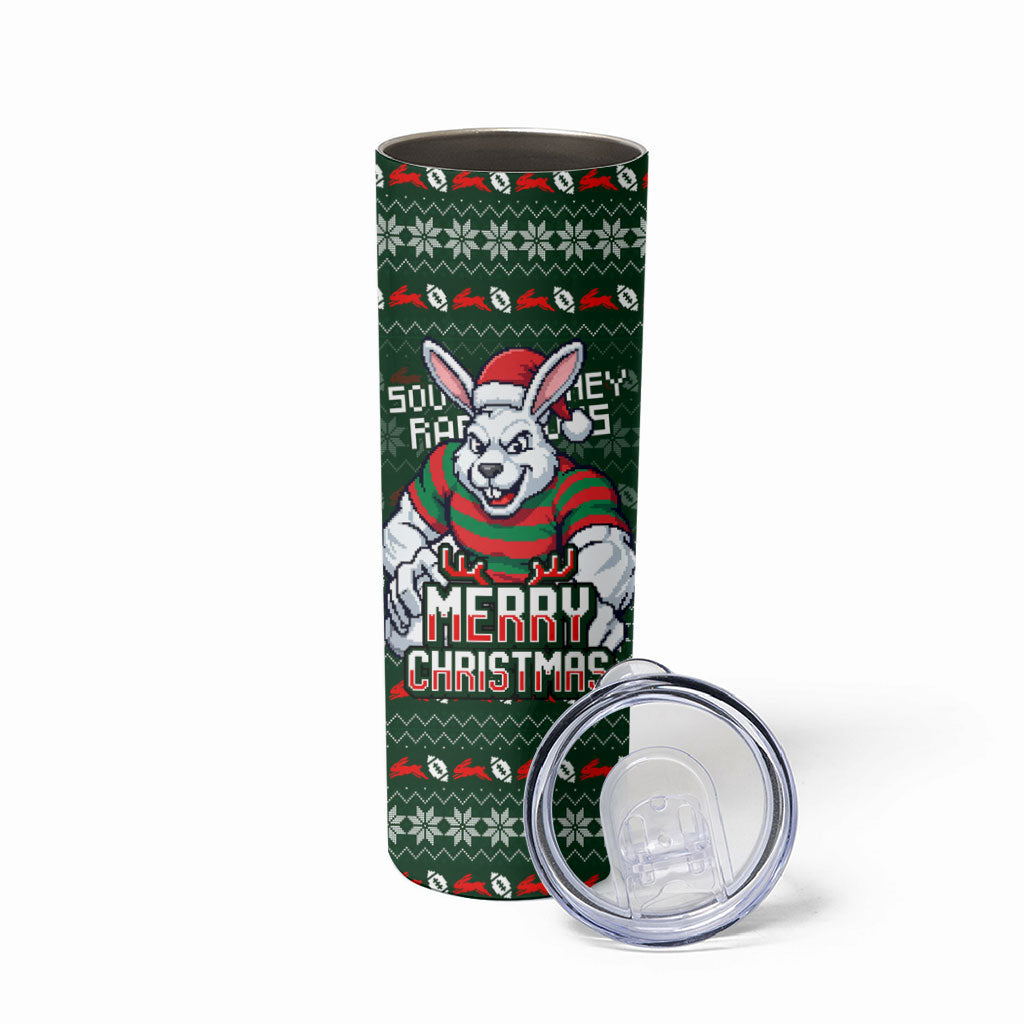 Personalized South Sydney Rabbitohs Christmas Skinny Tumbler Australian Rugby Fans - Pixelated Ugly Xmas Pattern Mascot Santa