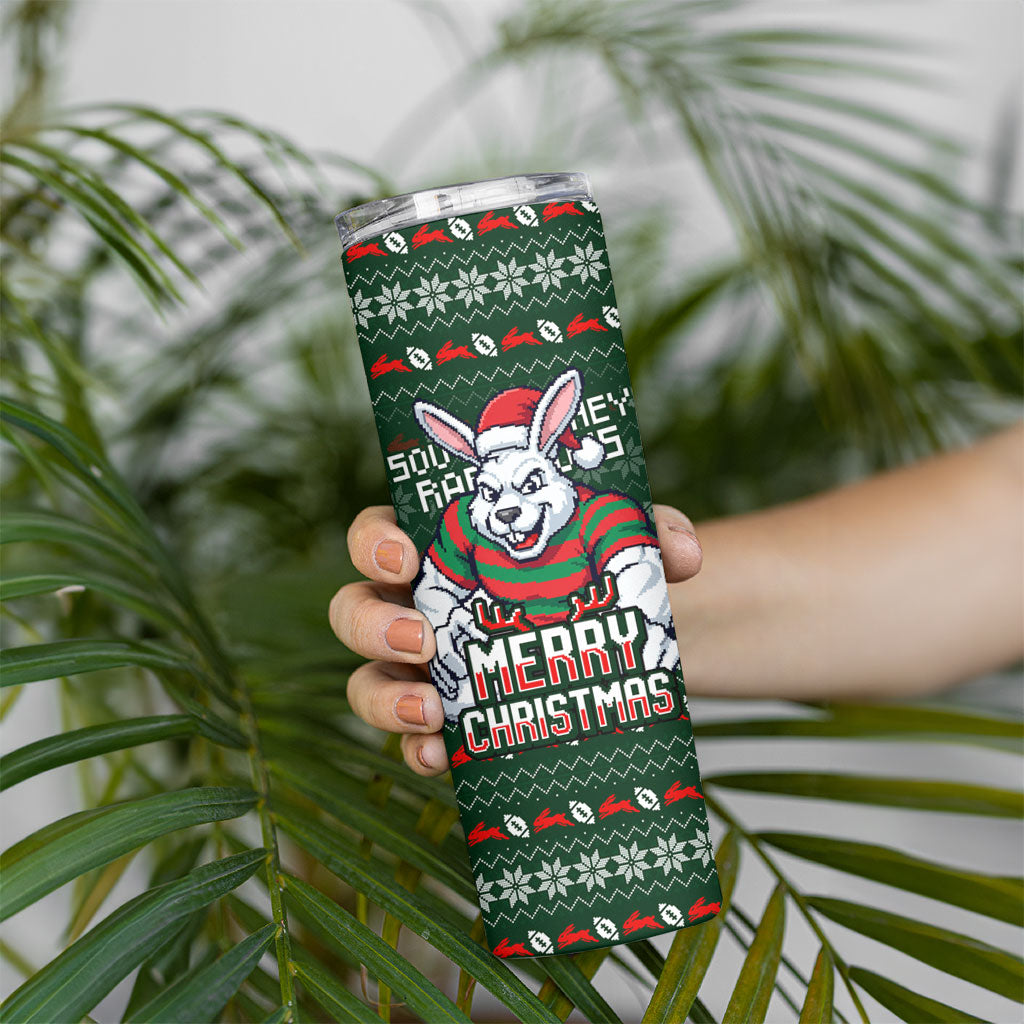 Personalized South Sydney Rabbitohs Christmas Skinny Tumbler Australian Rugby Fans - Pixelated Ugly Xmas Pattern Mascot Santa