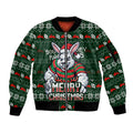 Personalized South Sydney Rabbitohs Christmas Sleeve Zip Bomber Jacket Australian Rugby Fans - Pixelated Ugly Xmas Pattern Mascot Santa