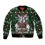 Personalized South Sydney Rabbitohs Christmas Sleeve Zip Bomber Jacket Australian Rugby Fans - Pixelated Ugly Xmas Pattern Mascot Santa