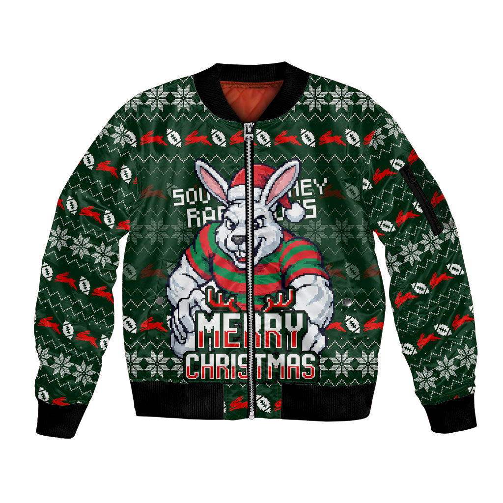 Personalized South Sydney Rabbitohs Christmas Sleeve Zip Bomber Jacket Australian Rugby Fans - Pixelated Ugly Xmas Pattern Mascot Santa