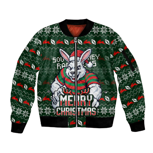 Personalized South Sydney Rabbitohs Christmas Sleeve Zip Bomber Jacket Australian Rugby Fans - Pixelated Ugly Xmas Pattern Mascot Santa