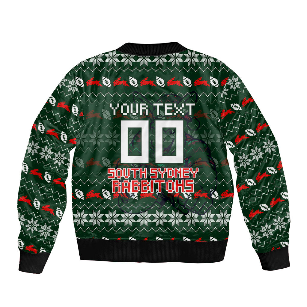 Personalized South Sydney Rabbitohs Christmas Sleeve Zip Bomber Jacket Australian Rugby Fans - Pixelated Ugly Xmas Pattern Mascot Santa