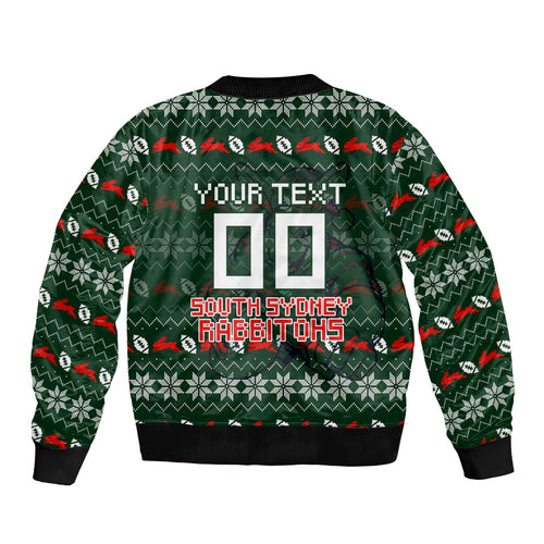 Personalized South Sydney Rabbitohs Christmas Sleeve Zip Bomber Jacket Australian Rugby Fans - Pixelated Ugly Xmas Pattern Mascot Santa