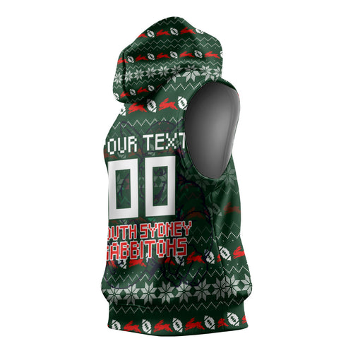Personalized South Sydney Rabbitohs Christmas Sleeveless Hoodie Australian Rugby Fans - Pixelated Ugly Xmas Pattern Mascot Santa