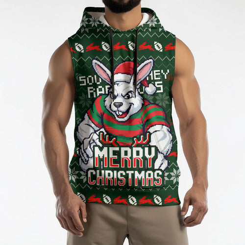 Personalized South Sydney Rabbitohs Christmas Sleeveless Hoodie Australian Rugby Fans - Pixelated Ugly Xmas Pattern Mascot Santa