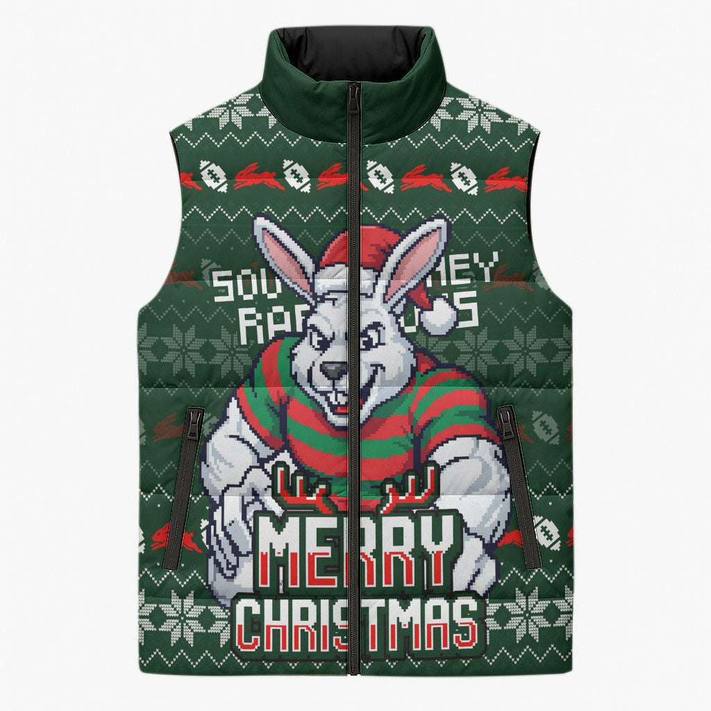 Personalized South Sydney Rabbitohs Christmas Sleeveless Puffer Jacket Australian Rugby Fans - Pixelated Ugly Xmas Pattern Mascot Santa