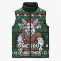 Personalized South Sydney Rabbitohs Christmas Sleeveless Puffer Jacket Australian Rugby Fans - Pixelated Ugly Xmas Pattern Mascot Santa
