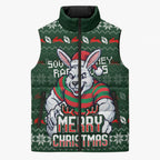 Personalized South Sydney Rabbitohs Christmas Sleeveless Puffer Jacket Australian Rugby Fans - Pixelated Ugly Xmas Pattern Mascot Santa