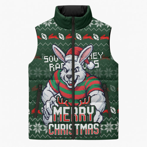Personalized South Sydney Rabbitohs Christmas Sleeveless Puffer Jacket Australian Rugby Fans - Pixelated Ugly Xmas Pattern Mascot Santa