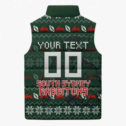 Personalized South Sydney Rabbitohs Christmas Sleeveless Puffer Jacket Australian Rugby Fans - Pixelated Ugly Xmas Pattern Mascot Santa