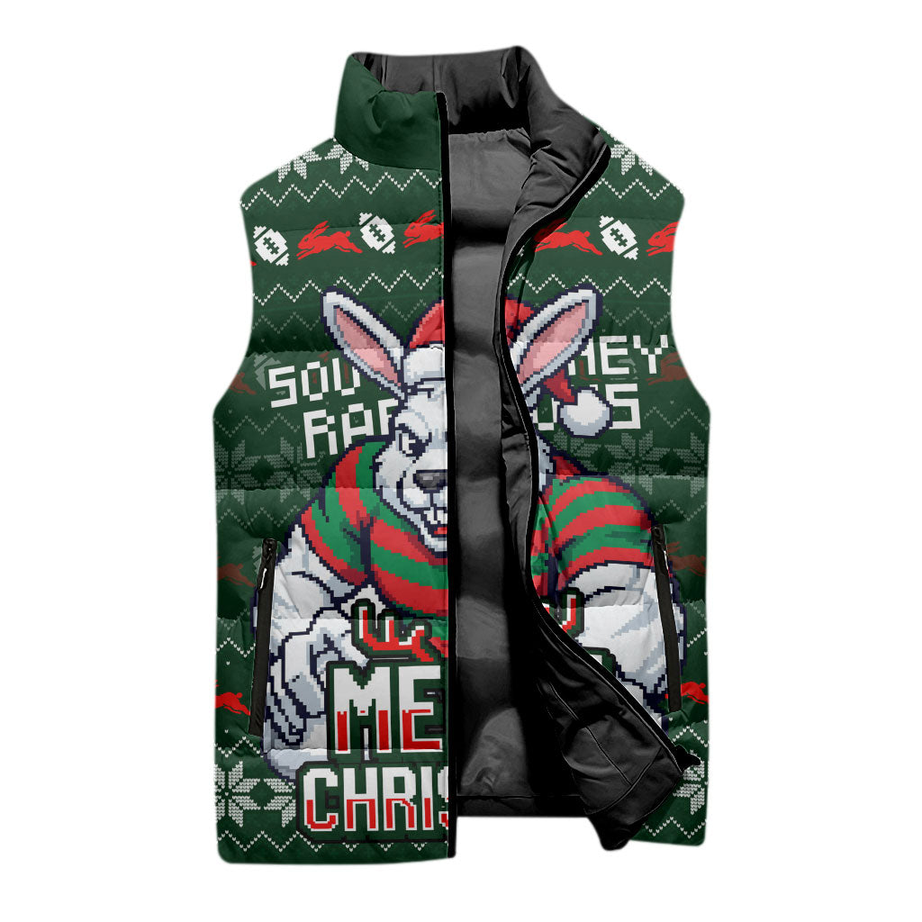 Personalized South Sydney Rabbitohs Christmas Sleeveless Puffer Jacket Australian Rugby Fans - Pixelated Ugly Xmas Pattern Mascot Santa
