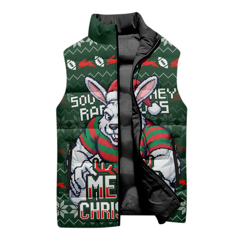 Personalized South Sydney Rabbitohs Christmas Sleeveless Puffer Jacket Australian Rugby Fans - Pixelated Ugly Xmas Pattern Mascot Santa