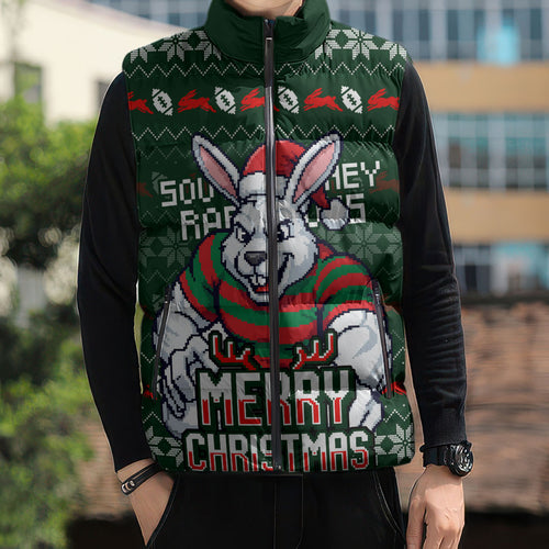 Personalized South Sydney Rabbitohs Christmas Sleeveless Puffer Jacket Australian Rugby Fans - Pixelated Ugly Xmas Pattern Mascot Santa