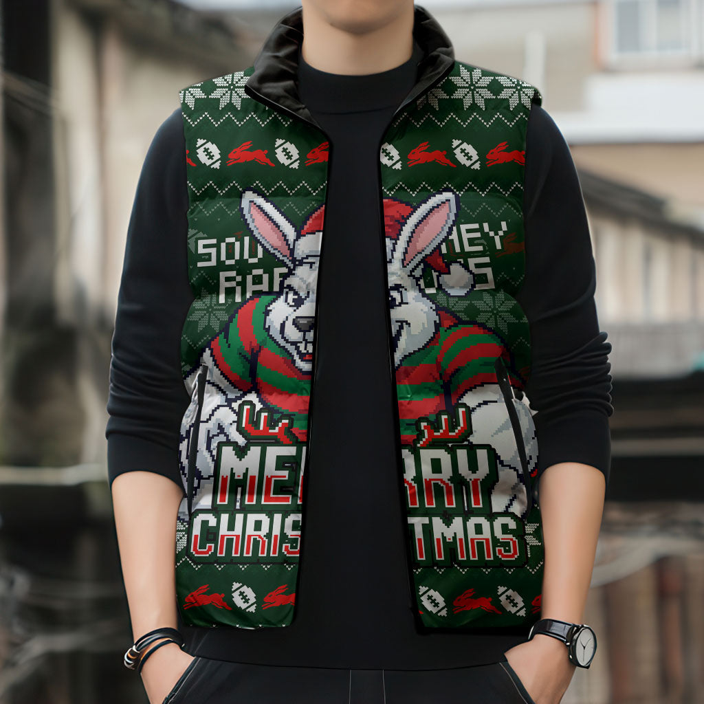 Personalized South Sydney Rabbitohs Christmas Sleeveless Puffer Jacket Australian Rugby Fans - Pixelated Ugly Xmas Pattern Mascot Santa