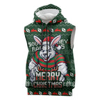Personalized South Sydney Rabbitohs Christmas Sleeveless Zip Hoodie Australian Rugby Fans - Pixelated Ugly Xmas Pattern Mascot Santa
