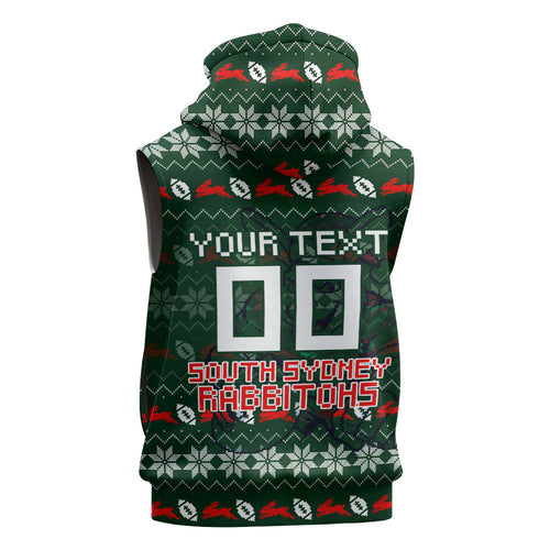 Personalized South Sydney Rabbitohs Christmas Sleeveless Zip Hoodie Australian Rugby Fans - Pixelated Ugly Xmas Pattern Mascot Santa