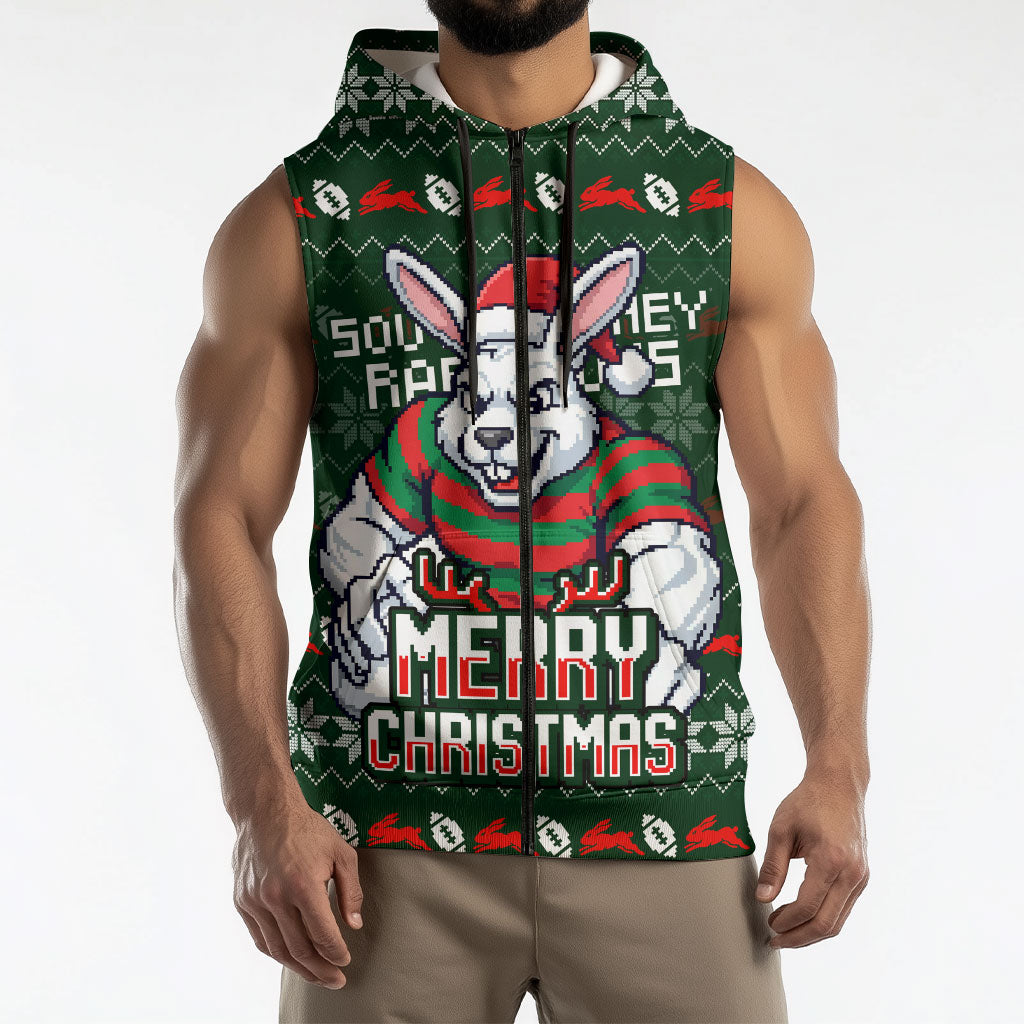 Personalized South Sydney Rabbitohs Christmas Sleeveless Zip Hoodie Australian Rugby Fans - Pixelated Ugly Xmas Pattern Mascot Santa