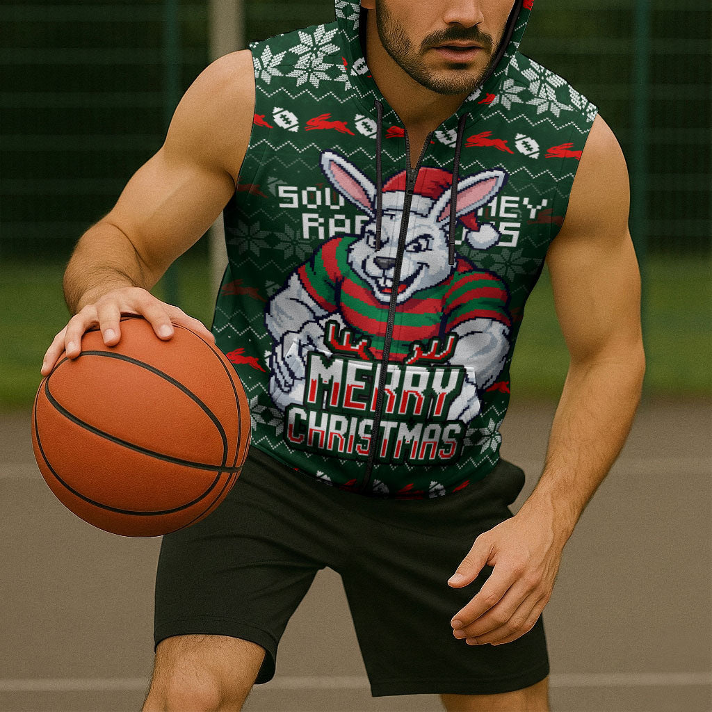 Personalized South Sydney Rabbitohs Christmas Sleeveless Zip Hoodie Australian Rugby Fans - Pixelated Ugly Xmas Pattern Mascot Santa
