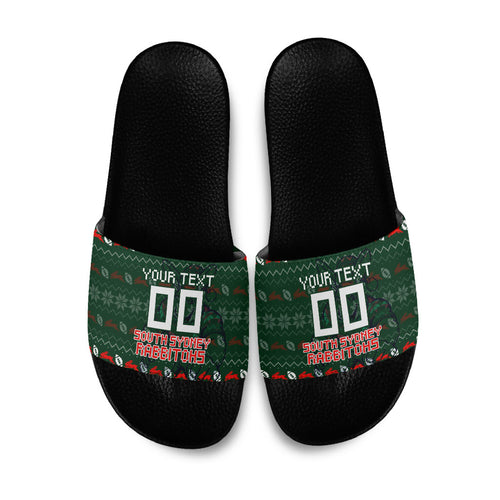 Personalized South Sydney Rabbitohs Christmas Slide Sandals Australian Rugby Fans - Pixelated Ugly Xmas Pattern Mascot Santa