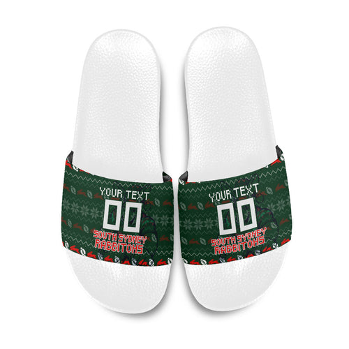 Personalized South Sydney Rabbitohs Christmas Slide Sandals Australian Rugby Fans - Pixelated Ugly Xmas Pattern Mascot Santa