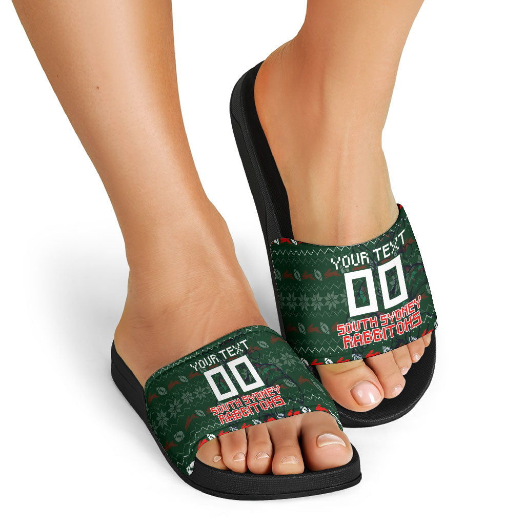 Personalized South Sydney Rabbitohs Christmas Slide Sandals Australian Rugby Fans - Pixelated Ugly Xmas Pattern Mascot Santa
