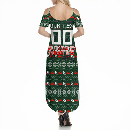 Personalized South Sydney Rabbitohs Christmas Summer Maxi Dress Australian Rugby Fans - Pixelated Ugly Xmas Pattern Mascot Santa