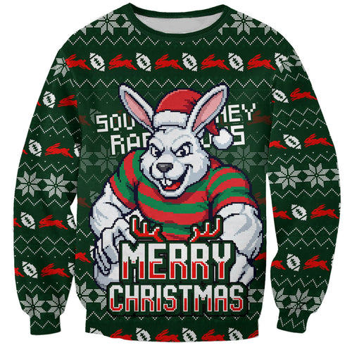 Personalized South Sydney Rabbitohs Christmas Sweatshirt Australian Rugby Fans - Pixelated Ugly Xmas Pattern Mascot Santa