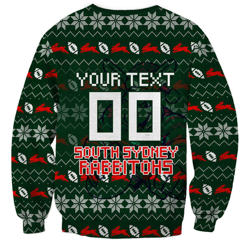 Personalized South Sydney Rabbitohs Christmas Sweatshirt Australian Rugby Fans - Pixelated Ugly Xmas Pattern Mascot Santa