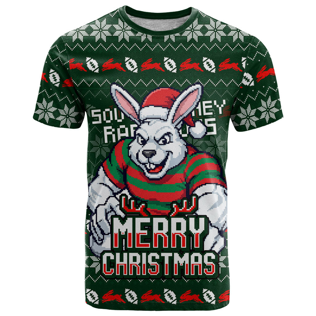 Personalized South Sydney Rabbitohs Christmas T Shirt Australian Rugby Fans - Pixelated Ugly Xmas Pattern Mascot Santa
