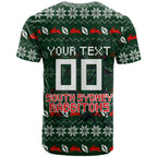 Personalized South Sydney Rabbitohs Christmas T Shirt Australian Rugby Fans - Pixelated Ugly Xmas Pattern Mascot Santa