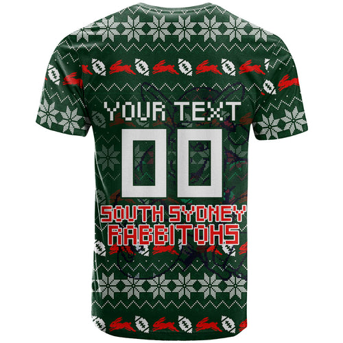 Personalized South Sydney Rabbitohs Christmas T Shirt Australian Rugby Fans - Pixelated Ugly Xmas Pattern Mascot Santa