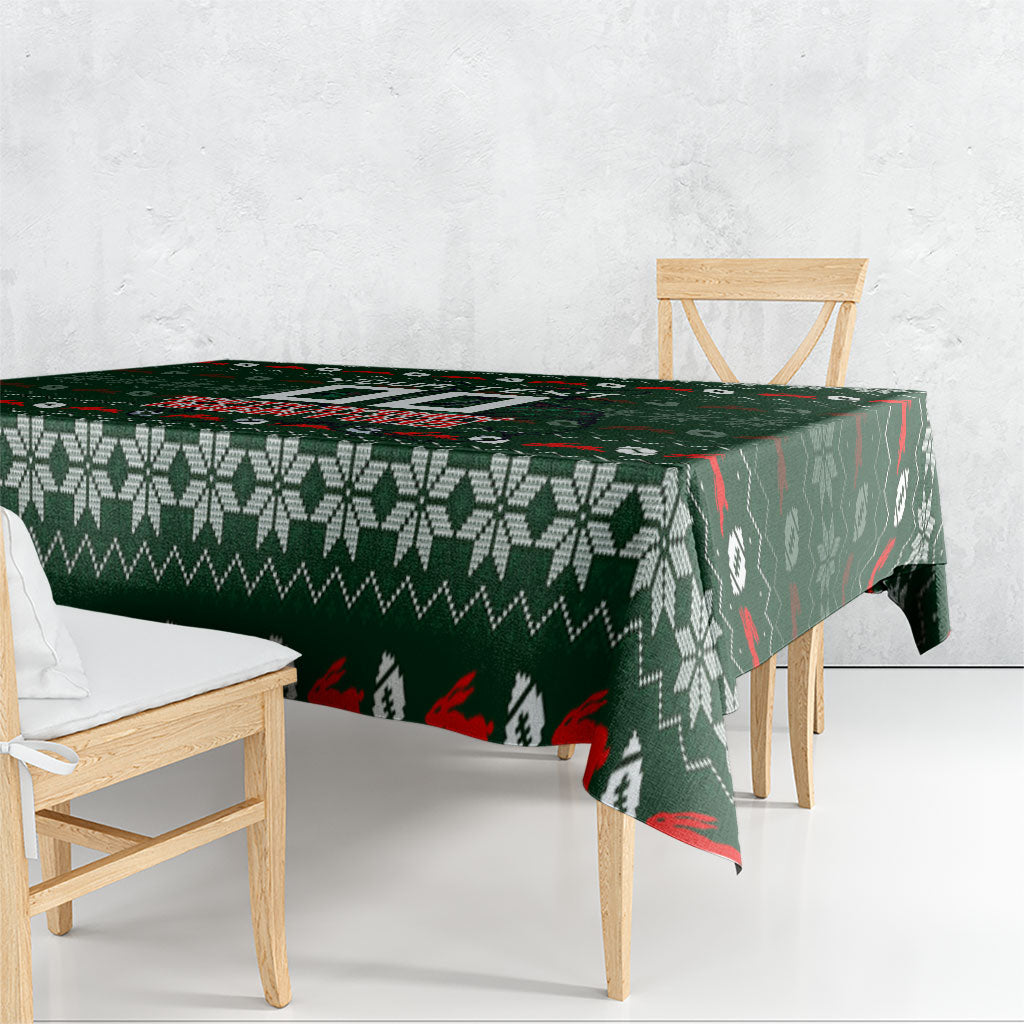 Personalized South Sydney Rabbitohs Christmas Tablecloth Australian Rugby Fans - Pixelated Ugly Xmas Pattern Mascot Santa