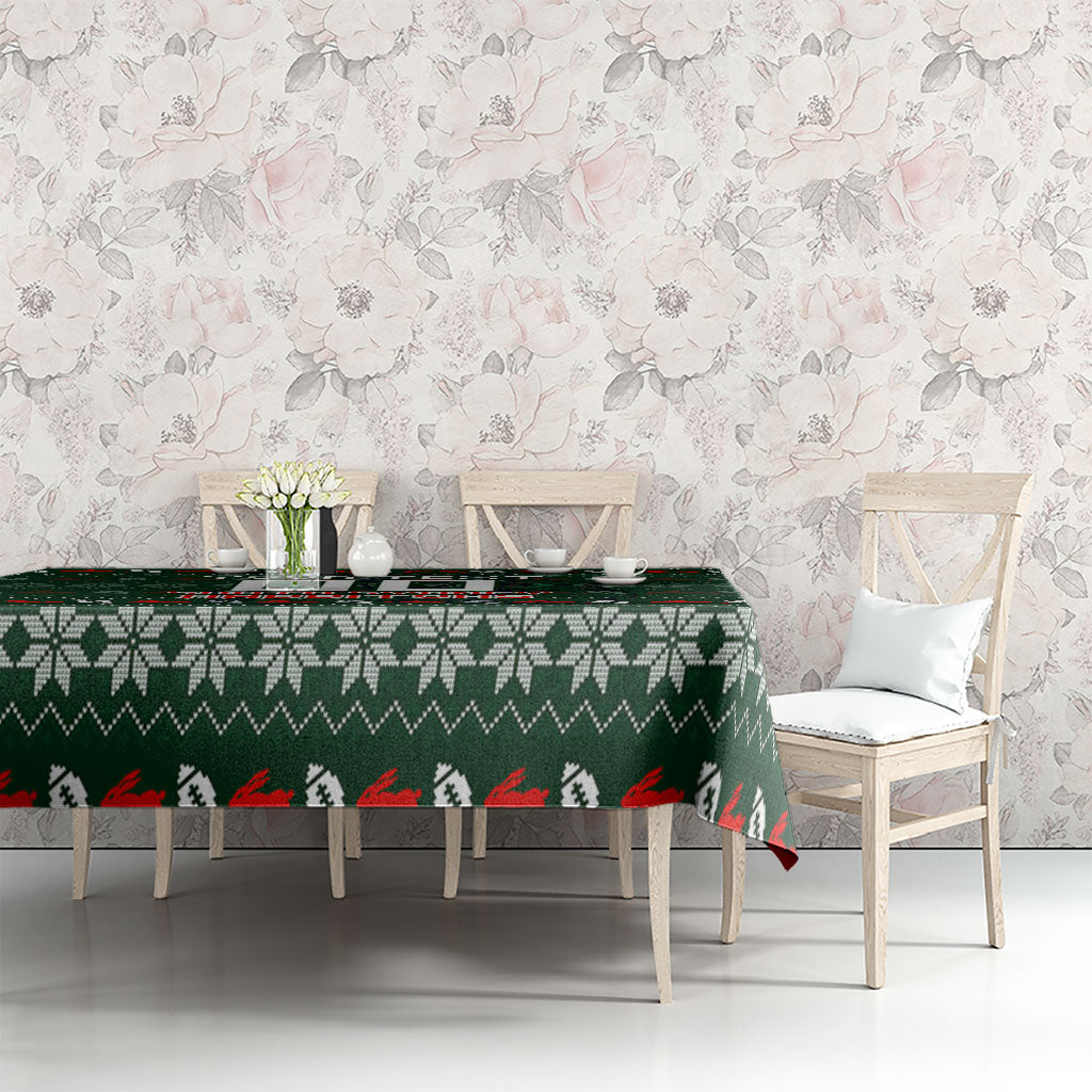 Personalized South Sydney Rabbitohs Christmas Tablecloth Australian Rugby Fans - Pixelated Ugly Xmas Pattern Mascot Santa