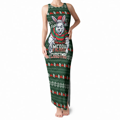 Personalized South Sydney Rabbitohs Christmas Tank Maxi Dress Australian Rugby Fans - Pixelated Ugly Xmas Pattern Mascot Santa