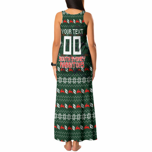 Personalized South Sydney Rabbitohs Christmas Tank Maxi Dress Australian Rugby Fans - Pixelated Ugly Xmas Pattern Mascot Santa