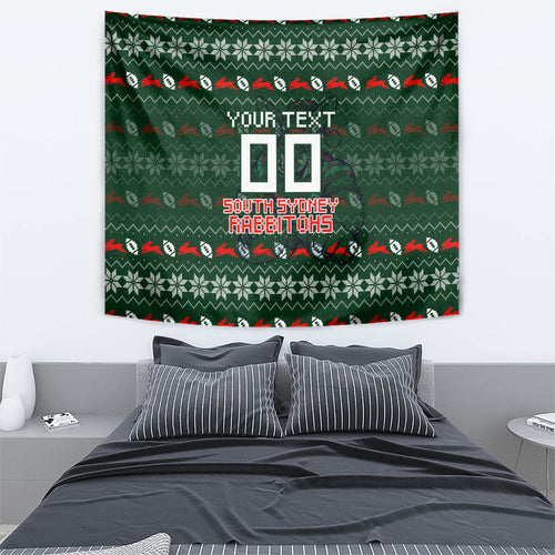 Personalized South Sydney Rabbitohs Christmas Tapestry Australian Rugby Fans - Pixelated Ugly Xmas Pattern Mascot Santa