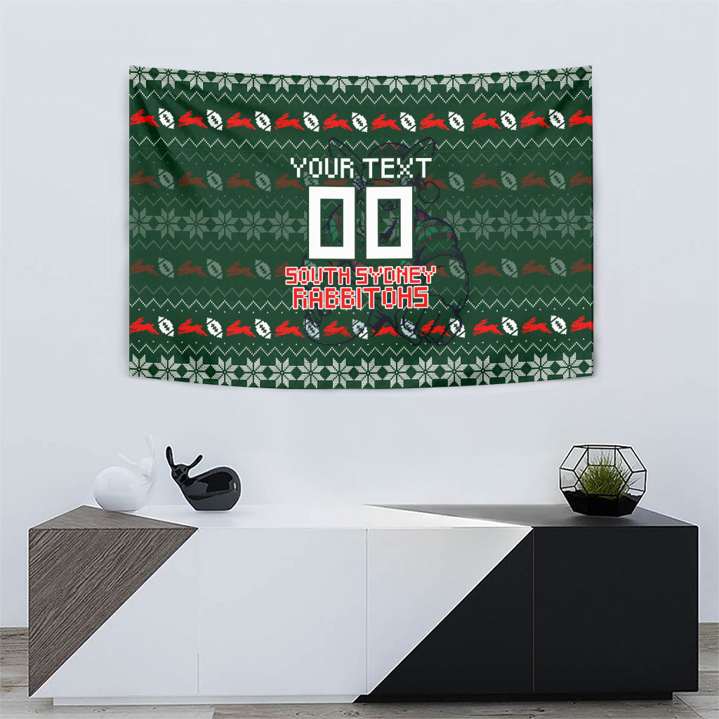 Personalized South Sydney Rabbitohs Christmas Tapestry Australian Rugby Fans - Pixelated Ugly Xmas Pattern Mascot Santa