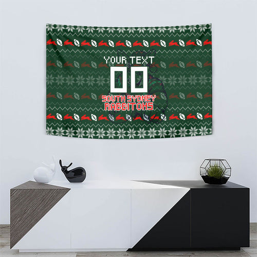 Personalized South Sydney Rabbitohs Christmas Tapestry Australian Rugby Fans - Pixelated Ugly Xmas Pattern Mascot Santa