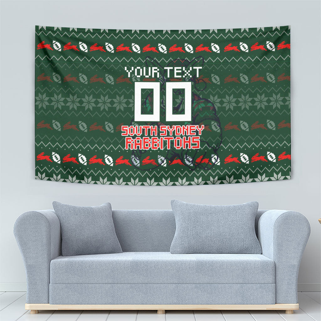 Personalized South Sydney Rabbitohs Christmas Tapestry Australian Rugby Fans - Pixelated Ugly Xmas Pattern Mascot Santa