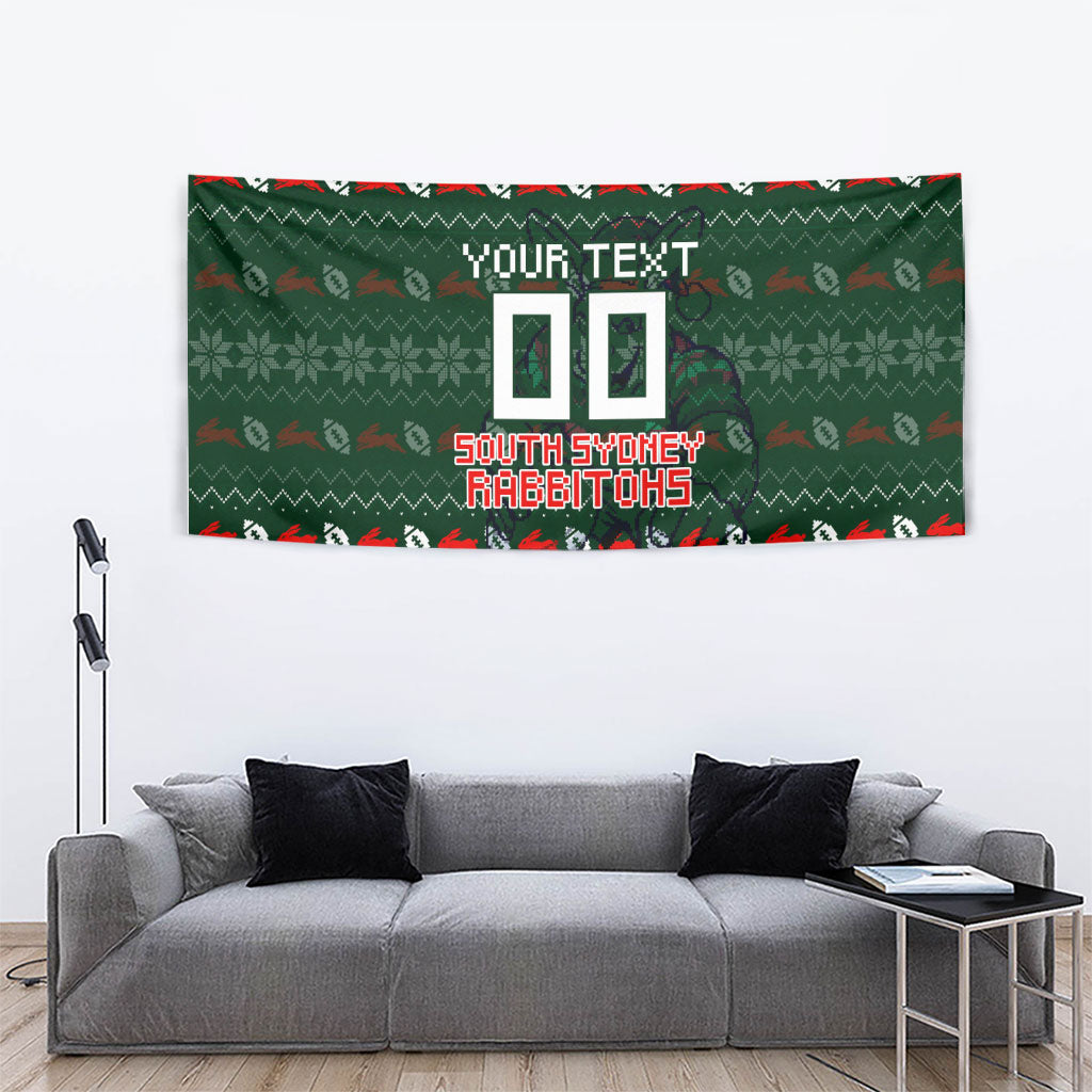 Personalized South Sydney Rabbitohs Christmas Tapestry Australian Rugby Fans - Pixelated Ugly Xmas Pattern Mascot Santa